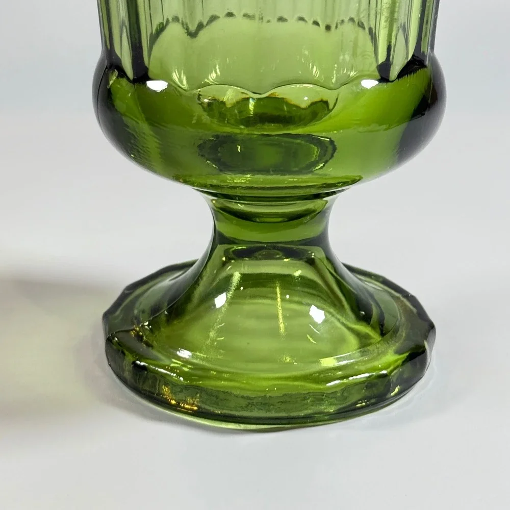 VTG Hazel-Atlas ATC50 Avocado Green Glass Ribbed Scalloped Footed Flower Vase 6